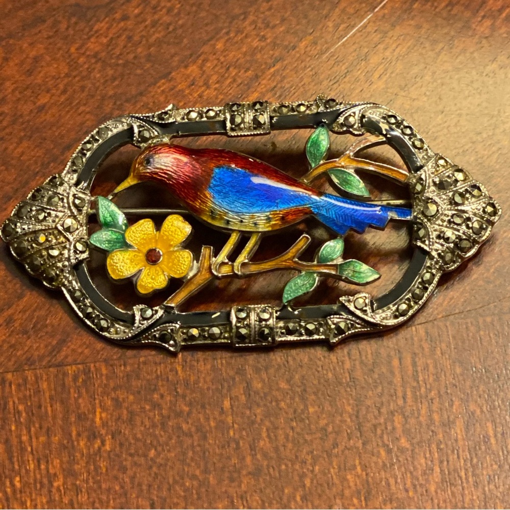 Signed sterling Enamel and Marcasite Brooch